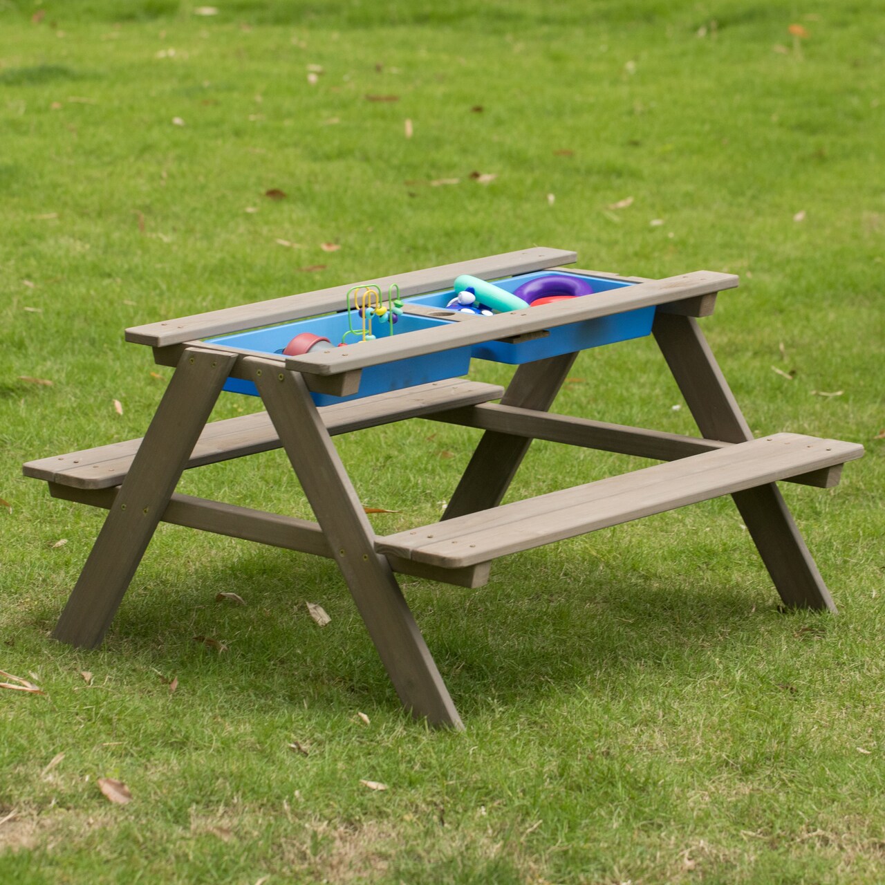 Convertible Wooden Sand and Water Table for your Toddlers Outdoor Playset Featuring 2 Play Box and a Removable Top that Transforms into Kids Picnic Table